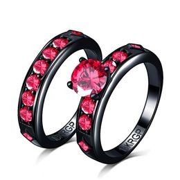 Shiny Red Ring Red Garnet Women Charming wedding Jewelry Black Gold Filled couple Ring set Bijoux Femme male2904