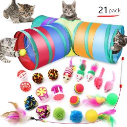 21Pcs Cat Indoor Interactive Toys Kitten Toys Foldable Rainbow Cat Tunnel Teaser Wand Golf with Feather Balls and Mice for Kitty