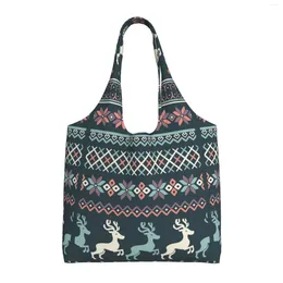 Shopping Bags Christmas Reindeer Ugly Borders Reusable Grocery Foldable Totes Washable For Men Women Market Lunch Travel