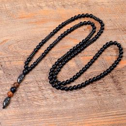 Natural Black Hematite Carving Bead Necklace Black Buddha Lava Mala Stone Wood Rosary Beads Pendant321B