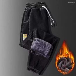 Men's Jeans Men Cuffed Plush Lined With Drawstring Waist Trousers For Autumn Winter Casual Loose Fit Male Pants