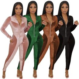 Rompers Missakso Autumn Velvet Jumpsuits Bodycon Zipper Streetwear Long Sleeve Fashion Outfits Sexy Women Skinny Jumpsuits 210625