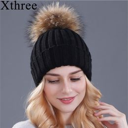 Xthree Natural Mink Fur Winter Hat for Women Girl 's Knitted Beanies With Pom Brand Thick Female Cap Skullies Bonnet 220112268P