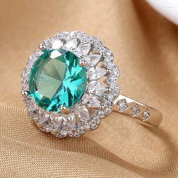 Cluster Rings S925 Sterling Silver Ring Luxury Temperament Large Round Green Zircon Women Fashion Engagement Party Gift Jewelry