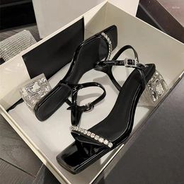 Dress Shoes Luxury Crystal Sandals Women Rhinestone Ankle Strap Mid Heeled Sandalias Ladies Summer Evening Party In Black Silver Colour