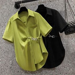 Women's Blouses Asymmetric Chain Chic Street Button Up Shirt Summer Fashion Green Commute Short Sleeve Loose Tunic Top Blouse Blusas