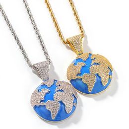 ICED OUT CZ BLING BLUE EARTH PENDANT NECKLACE MENS Micro Pave Cubic Zirconia Simulated Diamonds Necklace288d