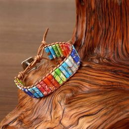 Charm Bracelets Handmade Chakra Bracelet Multicolor Natural Stone Tube Beads Leather Bangle Charms Wristband Jewelry Gifts277d