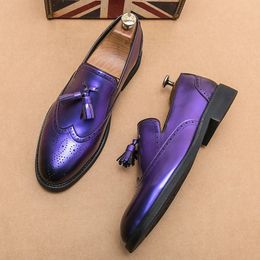 Dress Shoes Fashion Purple Formal Men Luxury Leather Brogue Designer Tassel Loafers Party Wedding 231218