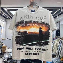 Men's T Shirts High Street Sunset Figures Printed Round-necked Apricot Short-sleeved T-shirt