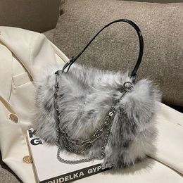 Evening Bags Fashion Plush Soft Handbag Women Korean Elegant Grey Shoulder Bag Autumn Casual Long Chains Square Underarm Crossbody