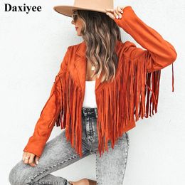 Women's Leather Faux Women Y2k Fringed Hem Tassel Cardigan Crop Tops Punk Motor Biker Jacket Suede 90s Vintage Streetwear Cool Coats 231219