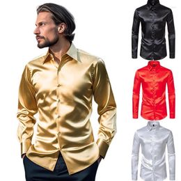 Men's Dress Shirts Silk Shirt Long Sleeve Single Breasted Gold Satin Casual Slim Fit Party Formal Man Clothing