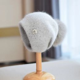 Wide Brim Hats Bucket 2023 Autumn Winter Rabbit Fur Beanies Hat Female real Ball Knitted Fashion Split Thermal Ear Protection Wool 231218