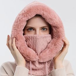 Wide Brim Hats Bucket 3in1 Thicken Fleece Hat Women Knitted Fluffy Scarf Full Face Mask Hood Winter Warm Outdoor Ski Windproof Plush Beanies Bonnet 231218