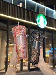 Tumblers Tumblers Durian Cup Black pink Plastic Straw Cup High Beauty Water Cup Large Capacity 710ml Bright Diamond Starry Straw Cup Birthd