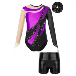 Stage Wear Mesh Long Sleeves Rhythmic Gymnastics Leotard For Kids Girls Shiny Metallic Ballet Dance Bodysuit Figure Skating Costume