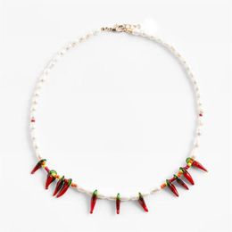 Lady Fashion Red Chilli Pepper Necklaces For Women Bohemian Beads Handmade Pearls Stone Collar Choker Jewellery Gift Chains277o