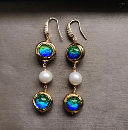 Dangle Earrings Z12773 White Round Pearl Gold-Plated Bead Blue Murano Glass Earring