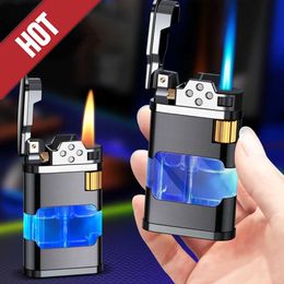 2024 Latest Windproof Grinding Wheel Straight Through Blue Flame Lighter Metal Butane No Gas Portable Creative Men's Gift