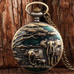 Pocket Watches Bronze Vintage Elephant Family Design Quartz Watch Men Women Retro Necklace Pendant Timepiece Gifts