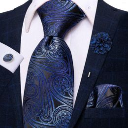 Bow Ties Hi-Tie Designer Navy Blue Paisley Mens Necktie Luxury 8.5cm Silk Business Tie Hanky Cufflinks Brooch Wedding Gift For Men