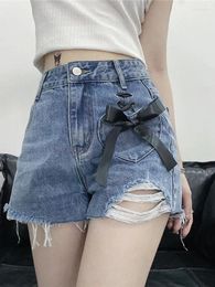 Women's Shorts Summer Blue Y2k Elegant Denim Women Bow Bandage French Vintage Jeans Female Tassel Hole Japanese Casual Trousers 2023