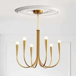 Pendant Lamps Nordic Living Room Gold 6-Head Chandelier Light Luxury American French Retro Bedroom Designer Candle Restaurant Pendent Lamp