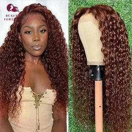 Synthetic Wigs Reddish Brown Water Wave Human Hair Wig Wear and Go 13x4 Glueless Preplucked HD Lace Front Density 180 231219