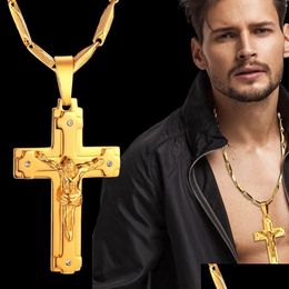 Colares Pingente Grande Colar Cadeia 4 Tamanho 14K Ouro Amarelo Jóias Cristãs Jesus Crucifixo Mens Cruz Pingente Para Homens Drop Delivery Dh3JW