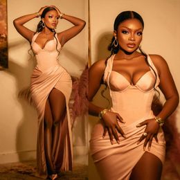 Light Pink Elegant Evening Dresses for Special Occasions Prom Dresses for Black Women Halter Front Split Sexy Birthday Party Gowns Club Dinner Simple Gowns NL053