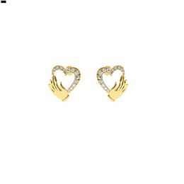 Si- H/i Diamond 14k Yellow Gold Wedding Earring Gift Heart and Hand Dainty Round Stud Birthday for Women