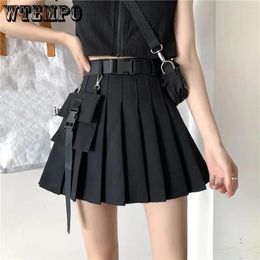 Skirts Summer Cargo Pleated Women Ribbon Pocket Y2K Gothic Mini Skirt Harajuku Streetwear Hip Hop Jupe Femme Black