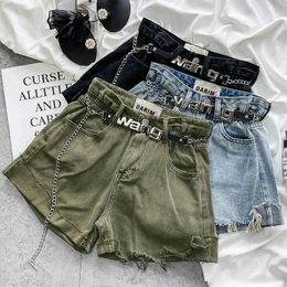 Jeans Summer 2022 new green denim shorts for girls high waist loose wide leg pants belt decoration streetwear sexy style