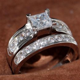 US size 5 6 7 8 9 10 Jewellery 925 Sterling Silver filled white topaz CZ Diamond Princess cut Women wedding Bridal ring Set for love2562