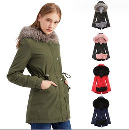 Autumn Winter Ladies Women Jacket Padded Coat New Middle Length Warm Fleece Hooded Parkas Faux Fur Collar Lady Overcoat