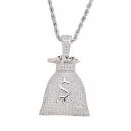 US Dollar Money Bag Pendant With Tennis Chain Gold and Silver Colour Cubic Zircon Men's Hip hop Necklace Jewellery For Gift200n