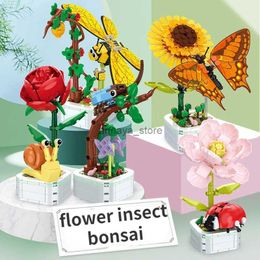 Model Building Kits Creativity Flower Bouquet bonsai Planting Butterfly Cicada Dragonfly Model Building Blocks Bricks Toys For Kids GiftL231216