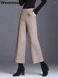 Women's Pants Fall Winter Formal Woolen Wide Leg Women High Waist Big Size 4xl Office Ankle Length Pantalones Baggy Wool Blend Trousers