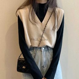 Women's Sweaters Women Knitted Sweater Vest 2022 Spring Autumn Short Loose Vintage Sweater Sleeveless Girls V-Neck Pullover Tops Female OuterwearL2312144