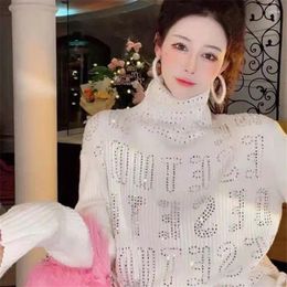 Women's Sweaters Autumn Winter Diamond Turtleneck Knited Pullover Women All Match Letter Wool Basic Sweater Celebrity Casual Knit Top Jumper