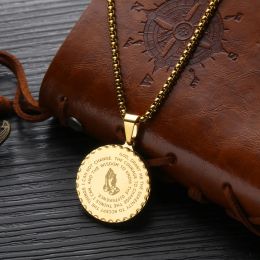 Golden Bible Coin Medal Praying Hands Necklace Pendant 14k Yellow Gold Chain Religious Prayer Christian Jewelry