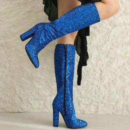 Sequin Cloth Bling 748 Glitter Blue Gold Sier Party Weddding Bride Shoes Block Heels Knee High Shiny Women Boots Winter 231219