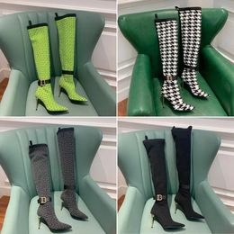 Fashion Elastic knitted fabric Stiletto knee boots Luxury letter embroidered pointed sock boots Designer Women RAVEN MONOGRAMMED MONETA MESH KNIT THIGH-HIGH BOOTS