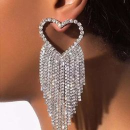 New Arrival Trendy Sliver Full Diamond Heart Long Tassel Drop Earrings for Women