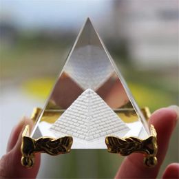 Crafts Energy Healing Transparent Crystal Glass Pyramid With Gold Stand Feng shui Egypt Egyptian figurines miniatures ornaments craft