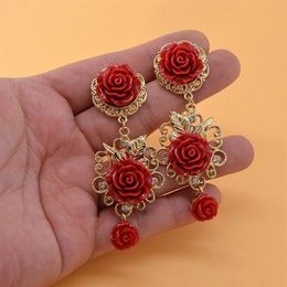 Baroque Court Style Women Long Drop Earrings Vintage Red White Flower Dangle Earrings Exaggerated Jewerly For Show Party237G