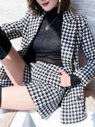 Dress Autumn and winter retro houndstooth tweed jacket female shorts twopiece ol temperament western style fashion suit