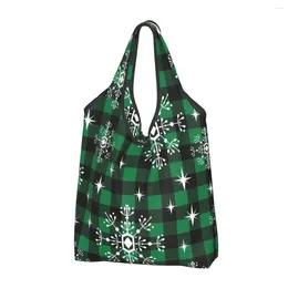 Shopping Bags Christmas Black Green Plaid Women's Casual Shoulder Bag Large Capacity Tote Portable Storage Foldable Handbags