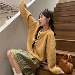 Women's Knits Sweet And Lovely Cardigan Women Autumn Lazy Style Yellow Long-sleeved Knit Sweater Jacket Casual Versatile Female
